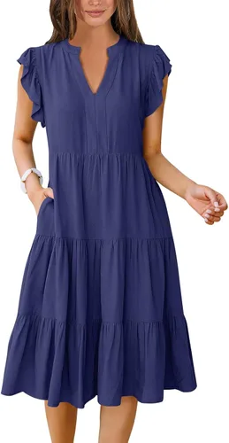 Miniatura 16 de ANRABESS Vestido de verano para mujer, manga con volantes, cuello en V, vestido midi a la moda, casual, holgado, escalonado, bohemio, playa