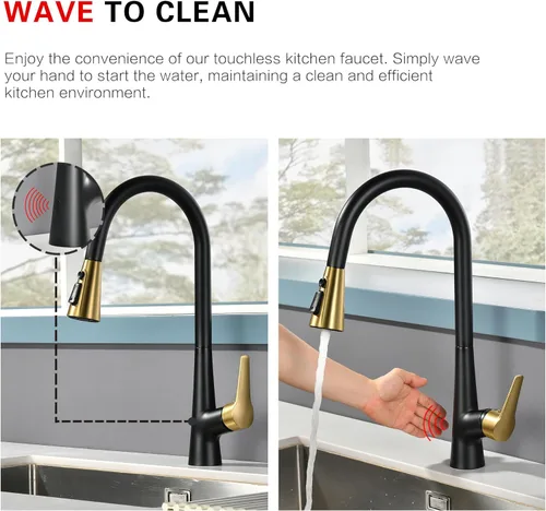 Miniatura 2 de sumerain Grifo de fregadero de cocina sin contacto manos libres de una sola manija con sensor de movimiento negro y dorado grifo de cocina extraíble