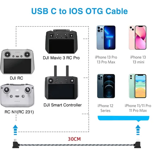 Miniatura 4 de Cable de control remoto USB C a iOS de 1 pie para DJI Mavic 3, Mini 2, Mini 3 Pro, Air 2S, Mavic Air 2 - Accesorios de cable de datos OTG de 90