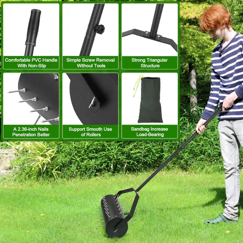 Miniatura 7 de Aireador de césped con ruedas de 18 pulgadas, mango de 50 a 70 pulgadas, aireador de picos resistente con bolsa de arena, 40 picos de hierro que