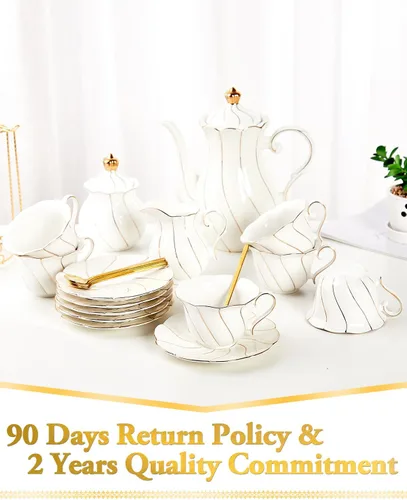 Miniatura 7 de DUJUST Juego de té de porcelana blanca de 22 piezas para 6, juego de tazas de té y café de lujo estilo británico con ribete dorado, hermoso juego