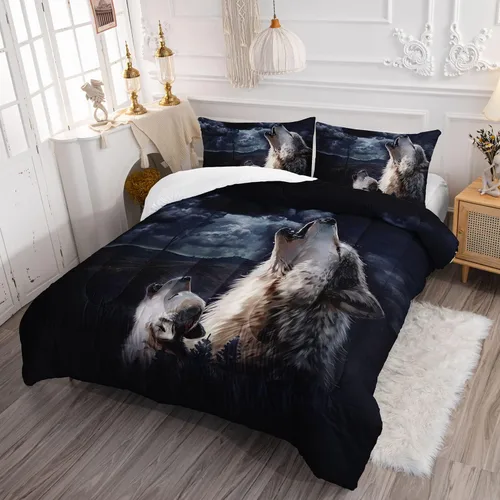 Miniatura 3 de Datura home - Juego de edredón para niños con lobo de tormenta para niños y niñas, edredón de lobo acuarela con nubes oscuras y animales salvajes