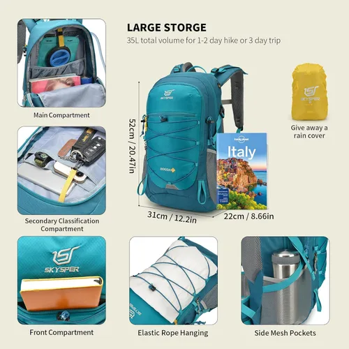 Miniatura 7 de SKYSPER Mochila de senderismo para hombres y mujeres, mochila de viaje ligera de 35 L, mochila de campamento al aire libre con múltiples Verde
