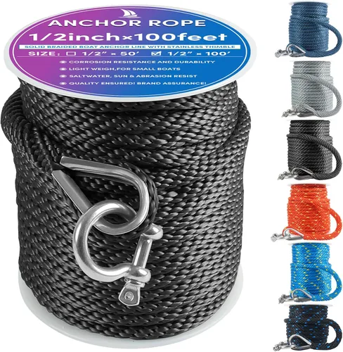 Miniatura 35 de Cuerda de anclaje premium de 100 pies x 3/8 pulgadas, cuerda marina de línea de anclaje MFP trenzada sólida con dedal y grillete, color negro