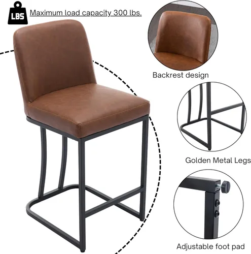 Miniatura 4 de BESTANO Juego de 2 taburetes de bar modernos de piel sintética con patas negras, taburetes de bar de 24 pulgadas, sillas de bar tapizadas