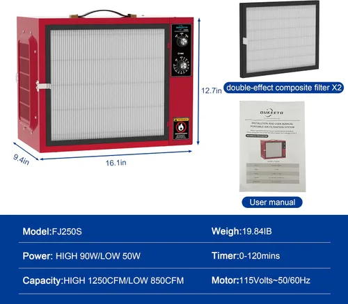 Miniatura 5 de Sistema portátil de filtración de aire de admisión de 2 etapas - Colectores de polvo de mesa (850-1250 CFM) para carpintería, filtro de aire