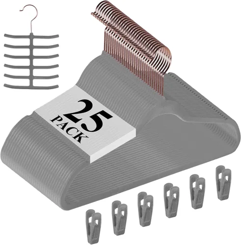 Miniatura 29 de VECELO Perchas de terciopelo de alta calidad resistentes (paquete de 60), antideslizantes y ahorran espacio con 8 clips para los dedos y soporte