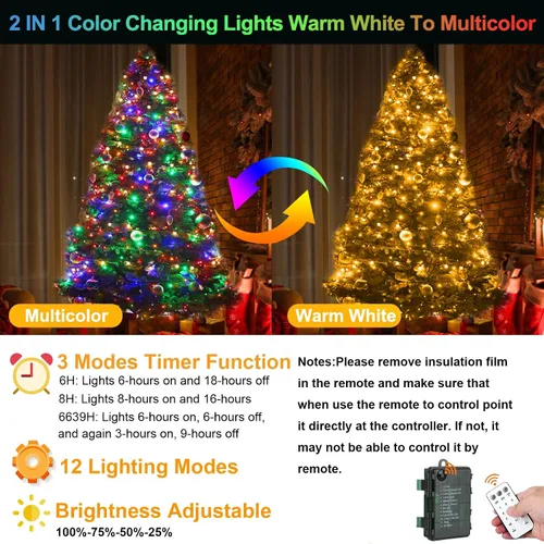 Miniatura 3 de 100 luces LED de color blanco cálido a multicolor de 33 pies, funciona con pilas, 8 modos, tira de luces para interiores y exteriores, para árbol