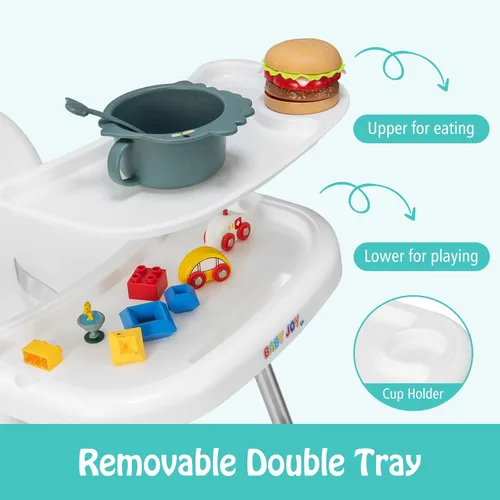 Miniatura 3 de BABY JOY Silla alta para bebé, 4 en 1, trona convertible para bebés y niños pequeños con patas ajustables, doble bandeja extraíble, arnés de Blanco