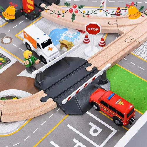 Miniatura 10 de Giant bean Juego de Tren Eléctrico de Vía de Madera de Estación de Bomberos de 72 Piezas, Kits de Juguete Ferroviario Empaquetados como Regalo
