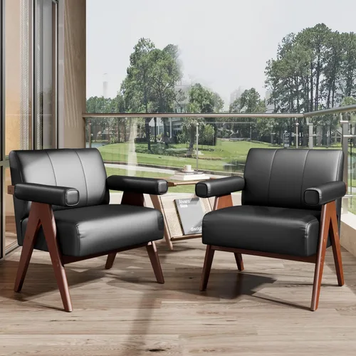 Miniatura 9 de STHOUYN Sillas decorativas de cuero negro, silla moderna de mediados de siglo, sillas con brazos laterales para sala de estar, sillas de oficina