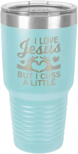 Miniatura 23 de Taza de viaje con texto en inglés "I Love Jessus I CUSS A LITTLE Engraved Tumbler", de acero con recubrimiento de polvo grabado con láser, sin BPA