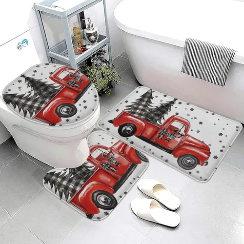 Miniatura 3 de Juego de 3 alfombras de baño con diseño de árbol de Navidad, diseño de cuadros de búfalo rojo, negro, copos de nieve, decoración de invierno, tapete