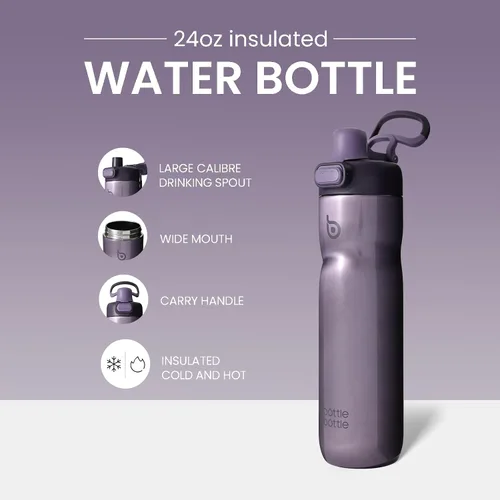 Miniatura 2 de BOTTLE BOTTLE Botella de agua aislada de 24 onzas con asa y tapas abatibles de acero inoxidable Botella de agua con botón de presión, portátil, a