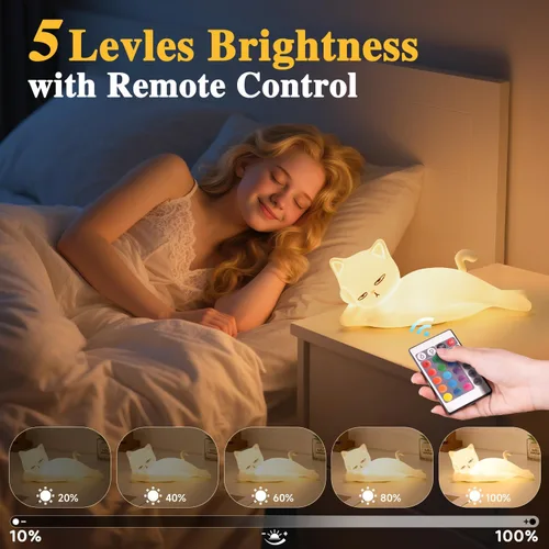 Miniatura 12 de Lámpara plana de gato Mubarek, regalos de gato, lámpara de silicona linda de 16 colores+5 atenuación, lámpara de noche recargable con control