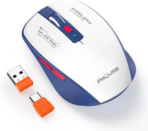 Ratón inalámbrico azul blanco, Bluetooth de doble modo y 2.4G, botones laterales | Receptores USB-A y USB-C | Clic silencioso | DPI de 4 niveles |