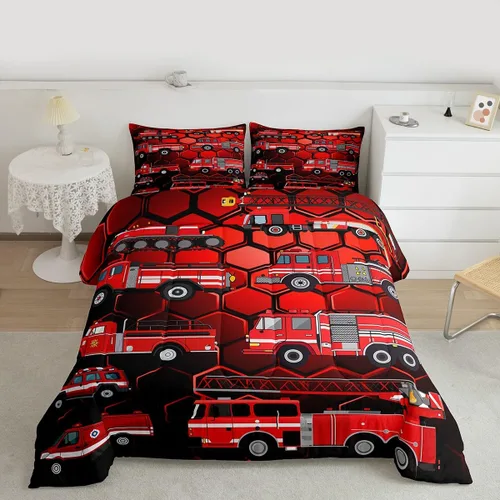 Miniatura 3 de Erosebridal Juego de edredón de camión de bomberos para niños, juego de ropa de cama de panal rojo brillante con diseño de panal de abeja