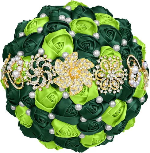 Miniatura 5 de XINNI Broche de oro de lujo de 8 pulgadas, ramo de boda nupcial para novia, dama de honor, ramo de rosas de satén con perlas, color negro y gris
