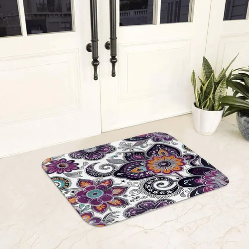 Miniatura 8 de LB Alfombra de baño de flores bohemias, alfombra de baño antideslizante con estampado floral bohemio morado y negro, espuma viscoelástica suave