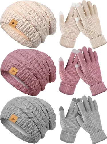 Juego de 6 guantes de invierno, 3 sombreros de punto de invierno y 3 pares de guantes cálidos para pantalla táctil para mujeres y hombres al aire