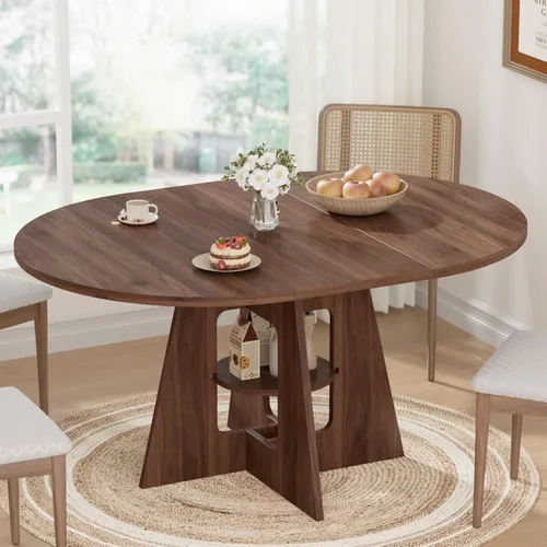 Mesa de comedor redonda extensible para 4-8, mesa de comedor moderna de cocina de 43.3 a 59 pulgadas con estante de almacenamiento, mesa de comedor
