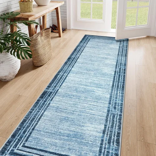 Miniatura 80 de Alfombra de pasillo moderna abstracta Lahome, alfombra lavable turquesa de 2 x 6 pulgadas para entrada, alfombra antideslizante de bajo pelo