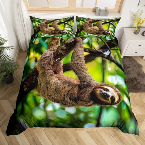 Erosebridal Juego de ropa de cama de perezoso marrón, tamaño Queen, funda de edredón Kawaii para niños, adolescentes y niños, bonita funda de