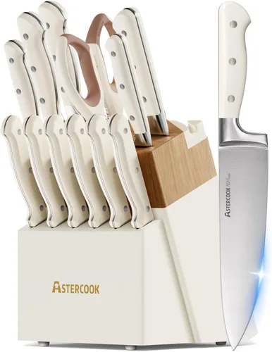 Astercook Juego de cuchillos de cocina con bloque, 14 piezas, cuchillos de acero inoxidable de espiga completa con afilador, aptos para lavavajillas
