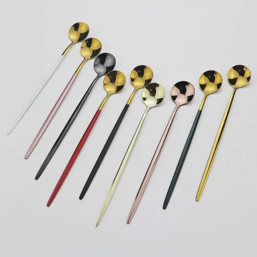 Miniatura 4 de Cubertería de acero inoxidable 304 de cobre de mango largo Cucharas de té de helado Cucharas de mezcla Vajilla Vajilla Servicio de cocina Juego