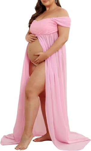 Miniatura 2 de Vestido de maternidad para sesión de fotos con hombros descubiertos, vestido de gasa con abertura frontal, maxi vestidos de embarazo para fotografía