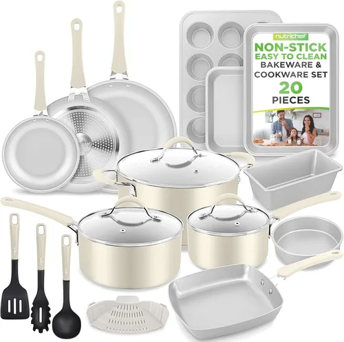 NutriChef - Juego de 20 piezas de utensilios de cocina y de horneado antiadherentes - Incluye ollas y bandejas de hornear fabricadas con aluminio