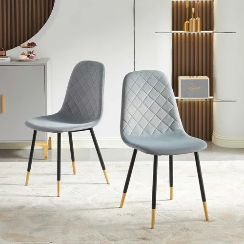 NORDICANA Sillas de comedor de terciopelo, sillas laterales tapizadas de color sólido para la cocina, juego de 2 con patas de metal, gris