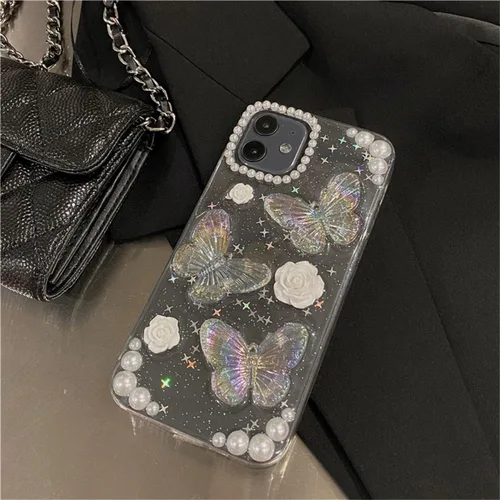 Miniatura 5 de Funda compatible con iPhone 13 Mini 3D, diseño floral de mariposa, transparente con diseño estético, fundas protectoras con purpurina y cristales