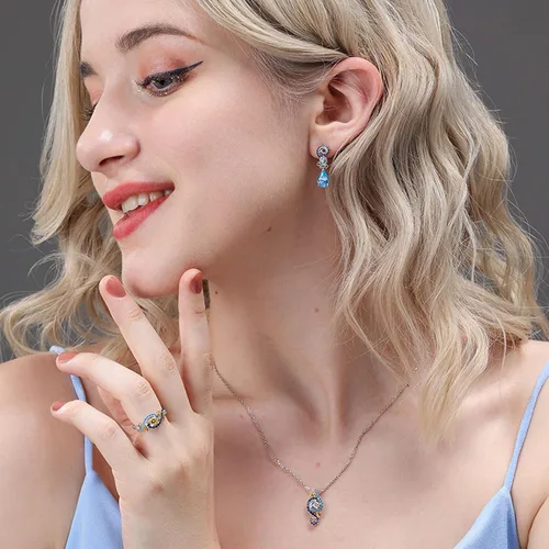 Miniatura 6 de Jeulia Juego de anillos de boda de compromiso de la noche estrellada de corte redondo, anillo de novia de plata de ley, aniversario de moda, día