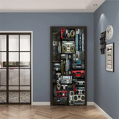 Miniatura 6 de artfanke Adhesivo 3D para puerta, 30.3 x 78.7 pulgadas, papel tapiz autoadhesivo impermeable para puerta, póster de pared vintage de radio Boombox