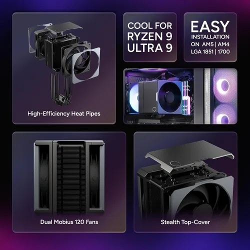 Miniatura 2 de Cooler Master Hyper 612 APEX Enfriador de aire para CPU, ventilador dual Mobius 120 PWM, 6 tubos de calor de cobre compuesto superconductor, 159 mm