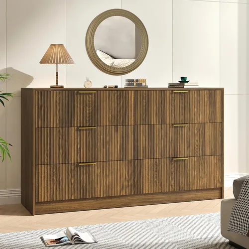 Miniatura 16 de Cómoda negra con 7 cajones, cómoda acanalada de 55 pulgadas de ancho para dormitorio con mango de metal, cómoda, soporte de TV de madera para Negro