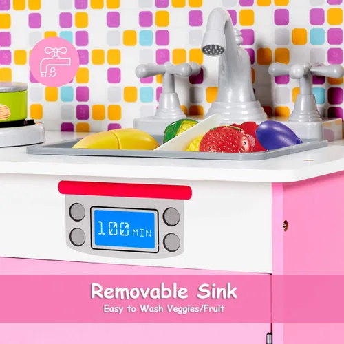 Miniatura 4 de Costzon Juego de cocina para niños, juguete de cocina de chef de simulación de madera con sonido realista, microondas, fregadero, accesorios de Rosa