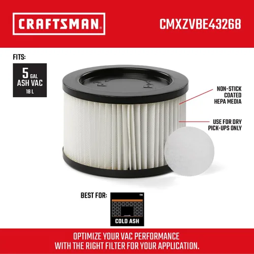 Miniatura 2 de CRAFTSMAN CMXZVBE43268 - Filtro de vacío y prefiltro de repuesto para aspiradora de cenizas CRAFTSMAN CMXEVBE17585 de 5 galones, solo seco, atrapa