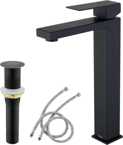 Tohlar Grifo de lavabo de recipiente negro, grifo de baño alto, moderno grifo de fregadero negro de una sola manija para montaje en cubierta de 1