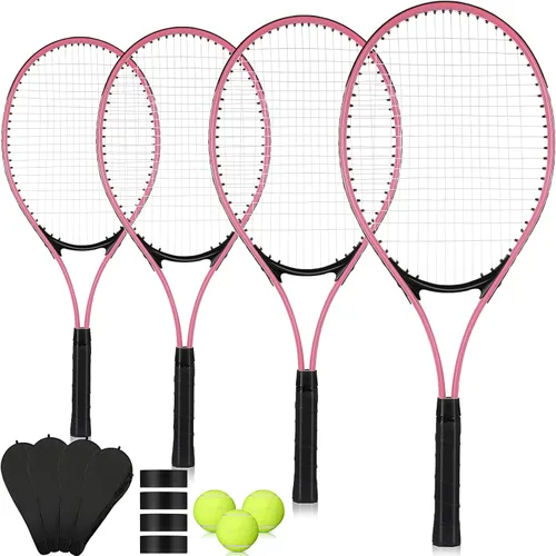 4 raquetas de tenis para adultos recreativas para 4 jugadores, raqueta de tenis ligera de 27 pulgadas con 3 pelotas de tenis para entrenar