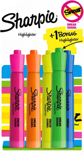 Miniatura 2 de Sharpie Resaltadores de tanque, punta de cincel, colores surtidos, 4 unidades + 1 bono