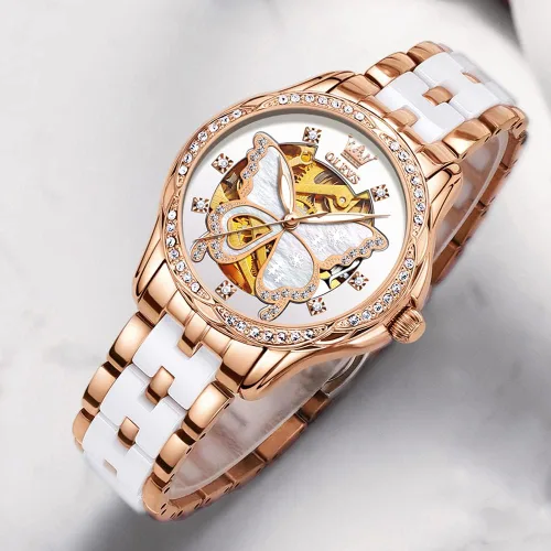 Miniatura 4 de OLEVS Relojes de oro rosa para mujer correa de acero inoxidable de cerámica reloj mecánico automático calendario de puntero luminoso impermeable