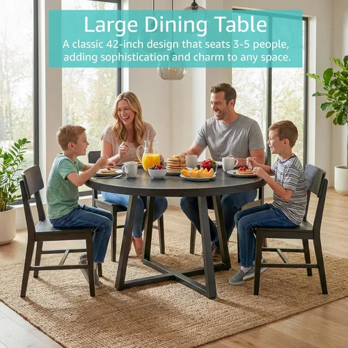 Miniatura 3 de NUTIKAS Mesa de comedor redonda de 42 pulgadas para 4, moderna mesa de cocina de grano de madera negra con patas cruzadas de metal, mesa de comedor