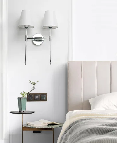 Miniatura 4 de PERMO Lámpara de pared doble clásica cromada 2 luces con pantalla de tela blanca acampanada para montaje en pared rústico