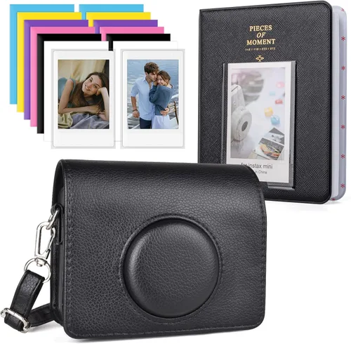 Mini Evo - Funda protectora y accesorios para cámara instantánea Fujifilm Instax Mini Evo, color negro con álbum y correa para el hombro