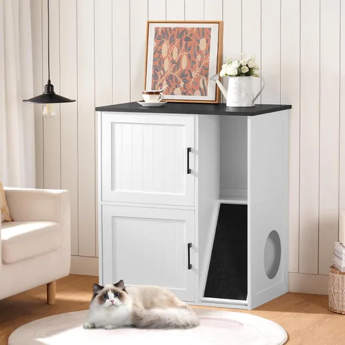 Miniatura 2 de MAHANCRIS Caja de Arena Cerrada para 2 Gatos, Mueble de Caja de Arena Oculta con Almohadilla Rascadora, Recinto de Cajas de Arena Dobles, Baño