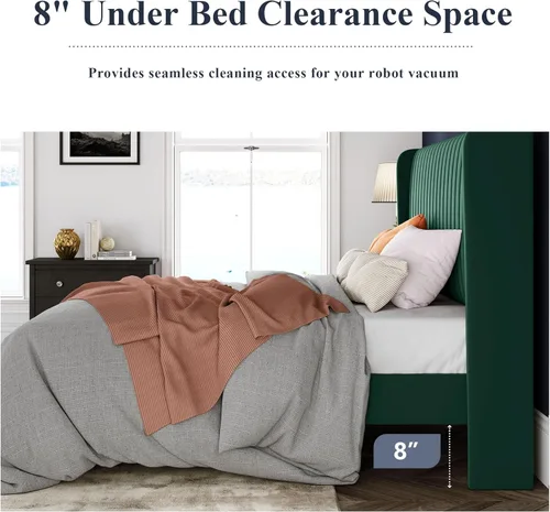 Miniatura 7 de Allewie Marco de cama de tamaño matrimonial/plataforma tapizada de terciopelo, cabecero con alas capitoné de canal vertical/listones de madera Verde