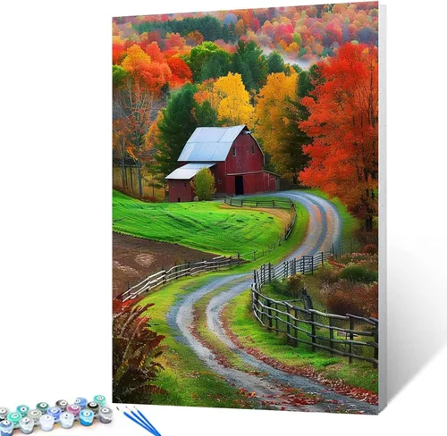 Miniatura 13 de Pintura enmarcada con árbol del bosque amarillo por números para adultos, niños, principiantes, kit de pintura de río de montaña, 16 x 20 pulgadas