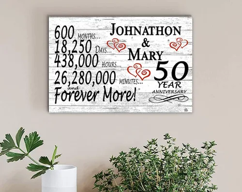 Miniatura 6 de Letrero personalizado de 50 aniversario, regalo de aniversario de boda de 50 años, para días de pareja, minutos, años, madera maciza, 16.5 x 10.5 x